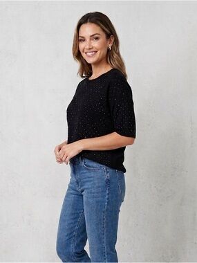 Anne Klein Black Rhinestone Silk‎ Blend Knit Top Short Sleeve Sweater Large